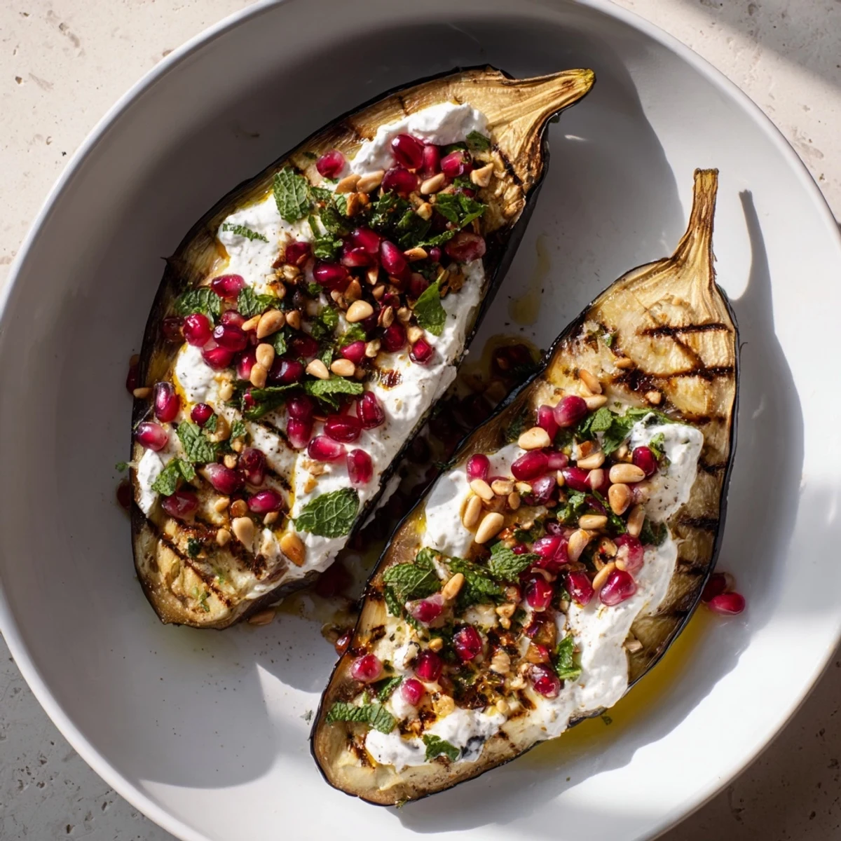 Roasted eggplant with pomegranate boasts vibrant colors, creamy yogurt, and fresh herbs, a delicious vegetarian meal.