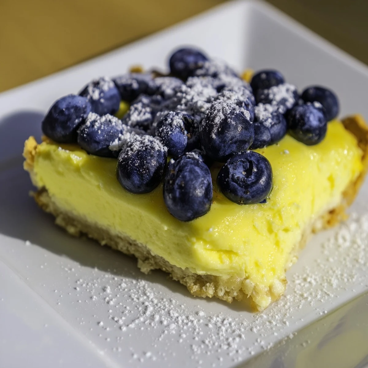 Golden-brown Decadent Lemon Curd and Blueberry Squares, layered with a sweet, juicy blueberry topping and tart curd.