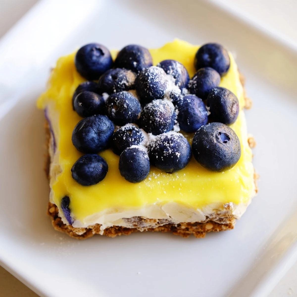 A close-up of beautifully baked Decadent Lemon Curd and Blueberry Squares, ready for serving after chilling.