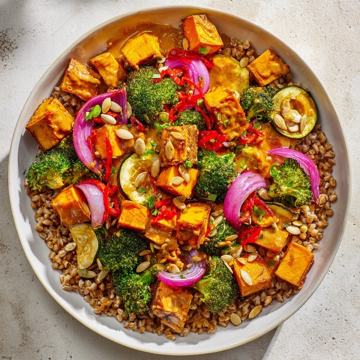 Vibrant image of Hearty Roasted Vegetable and Farro Grain Bowl, featuring colorful roasted vegetables atop fluffy farro.
