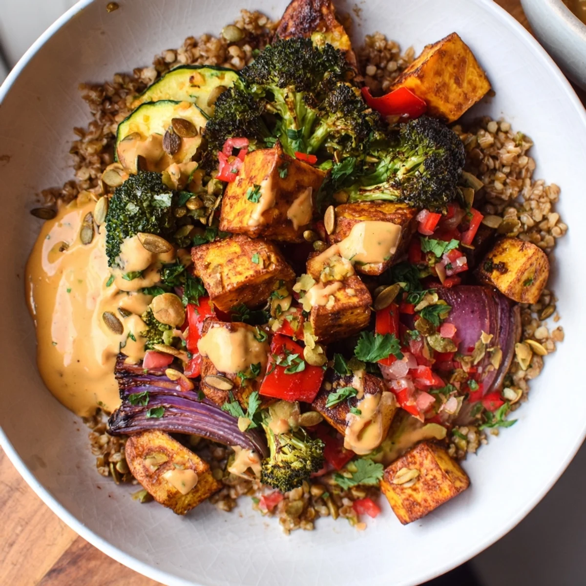 Warm, inviting picture of a Hearty Roasted Vegetable and Farro Grain Bowl, perfect for a healthy and satisfying meal.