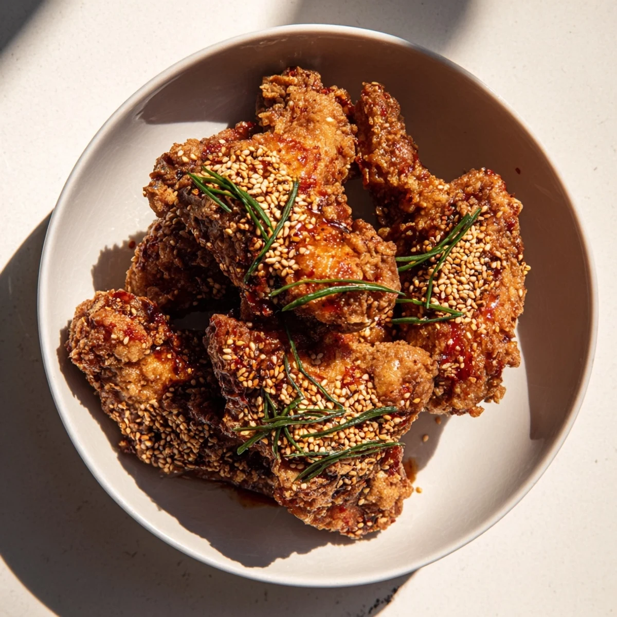 Golden, crispy Honey-Chili Glazed Chicken Wings glistening with a sweet and spicy sauce await serving.