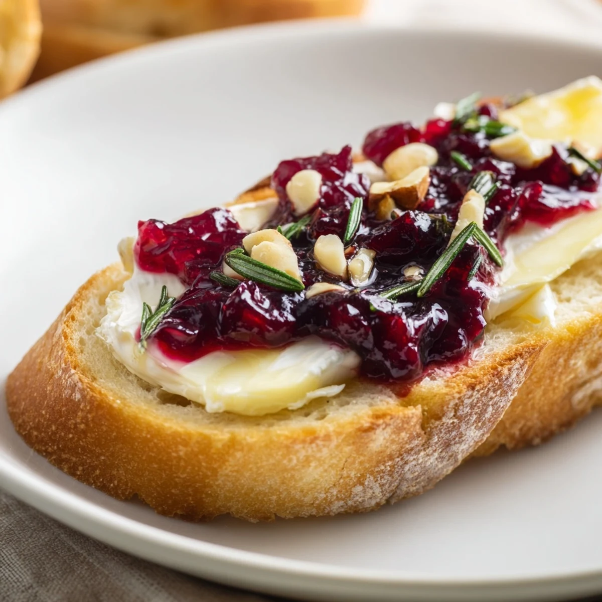 Toasted baguette slices topped with creamy Brie and festive cranberry sauce, a delicious Holiday Cranberry and Brie Crostini.