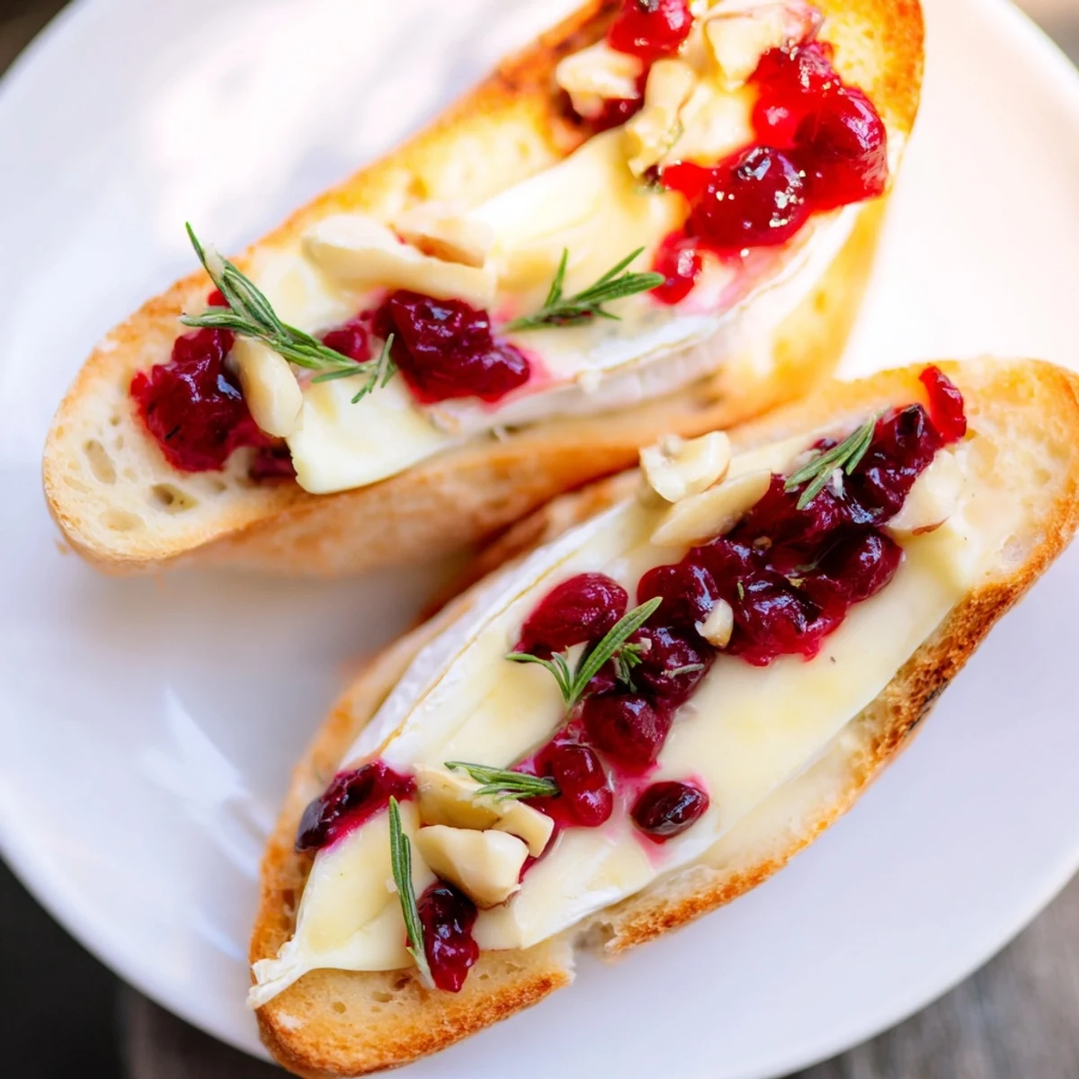 Golden-brown Holiday Cranberry and Brie Crostini, with melted brie and a spoonful of vibrant cranberry sauce, ready to eat.