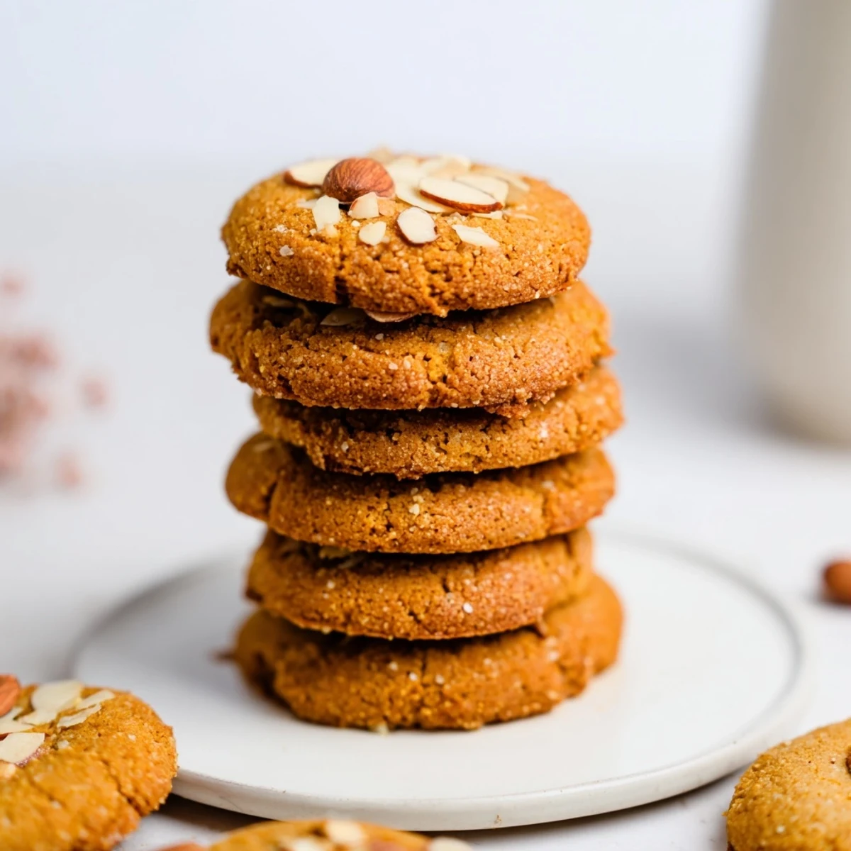Golden-brown soft and chewy pumpkin spice cookies, studded with white chocolate chips, arranged on a baking sheet.