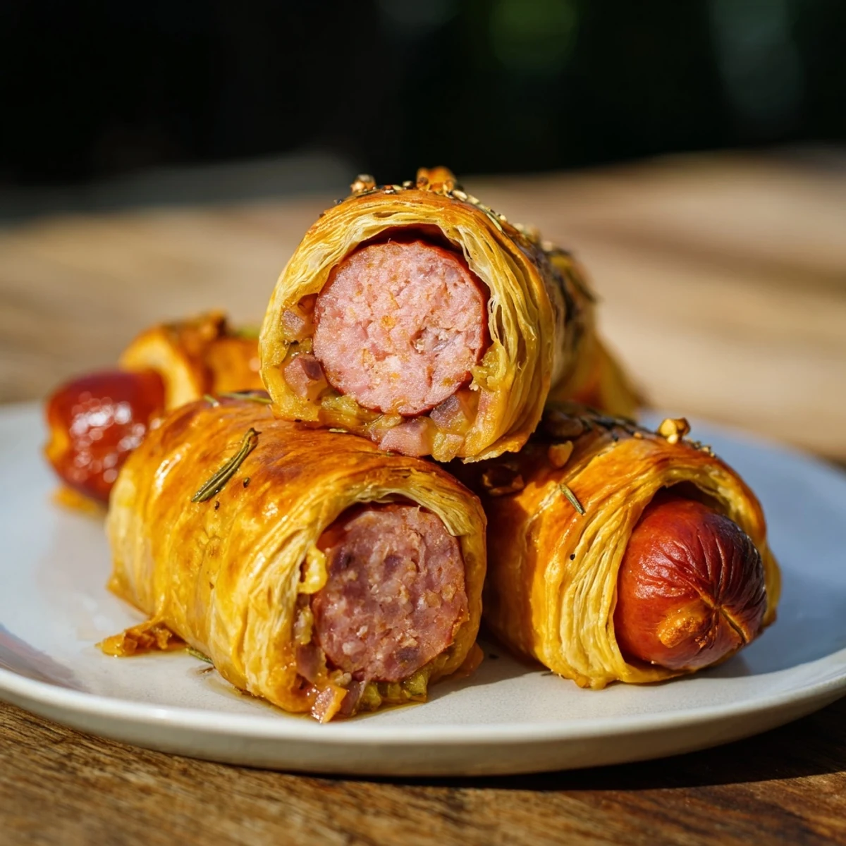 Crispy, flaky pastry showing off the delicious filling of these homemade sausage rolls.