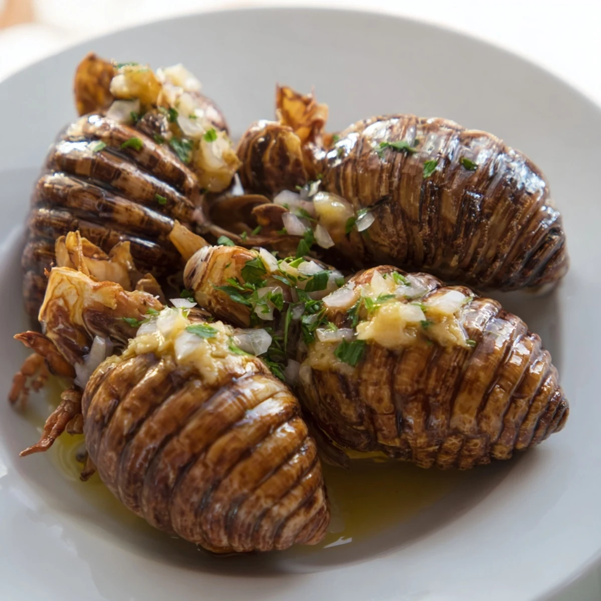 Golden-brown pan-seared scallops glistening with garlic butter alongside fresh parsley, ready to eat.
