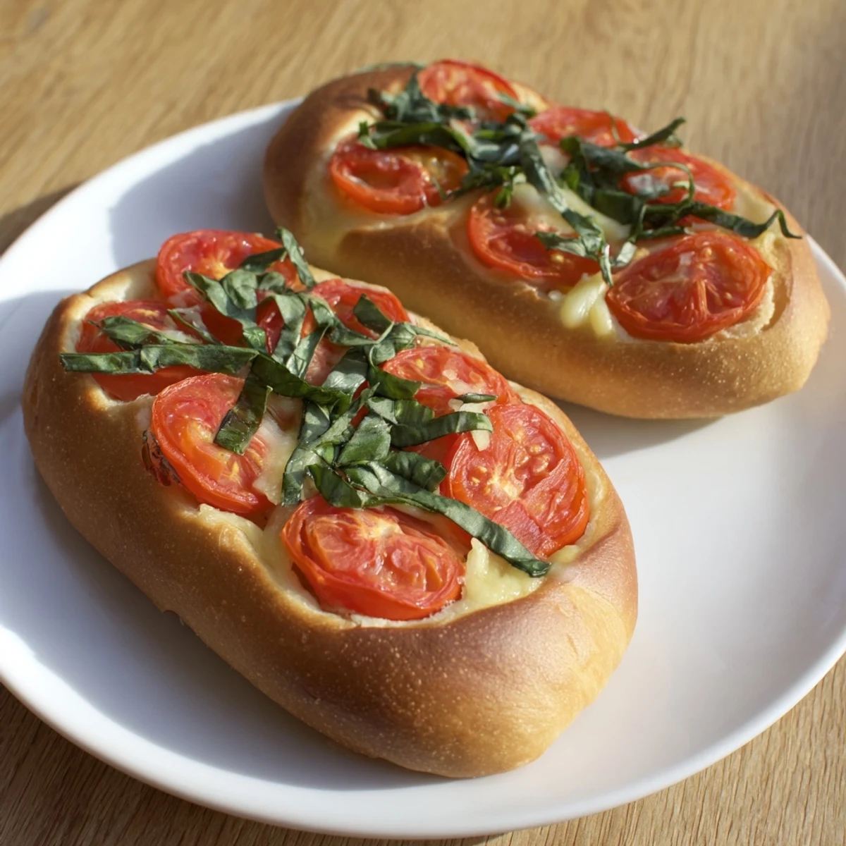 Freshly baked Simple Homemade Tomato and Basil Flatbread with vibrant tomato slices and basil.