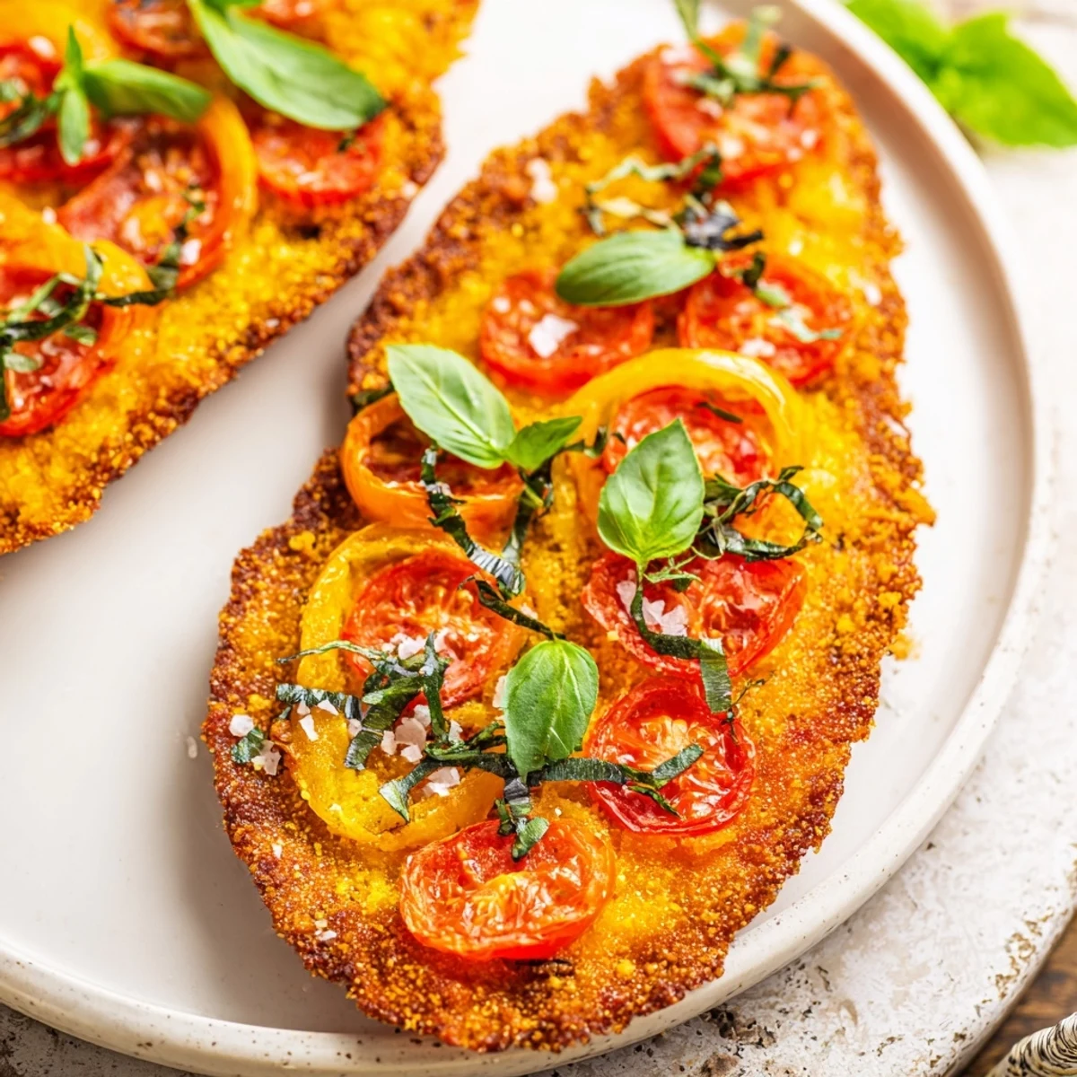 Golden, crispy Simple Homemade Tomato and Basil Flatbread with a drizzle of olive oil, ready to eat.