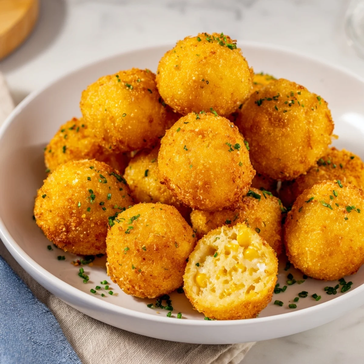 These delicious golden corn and cheddar fritters feature sweet corn and melted cheddar cheese inside.