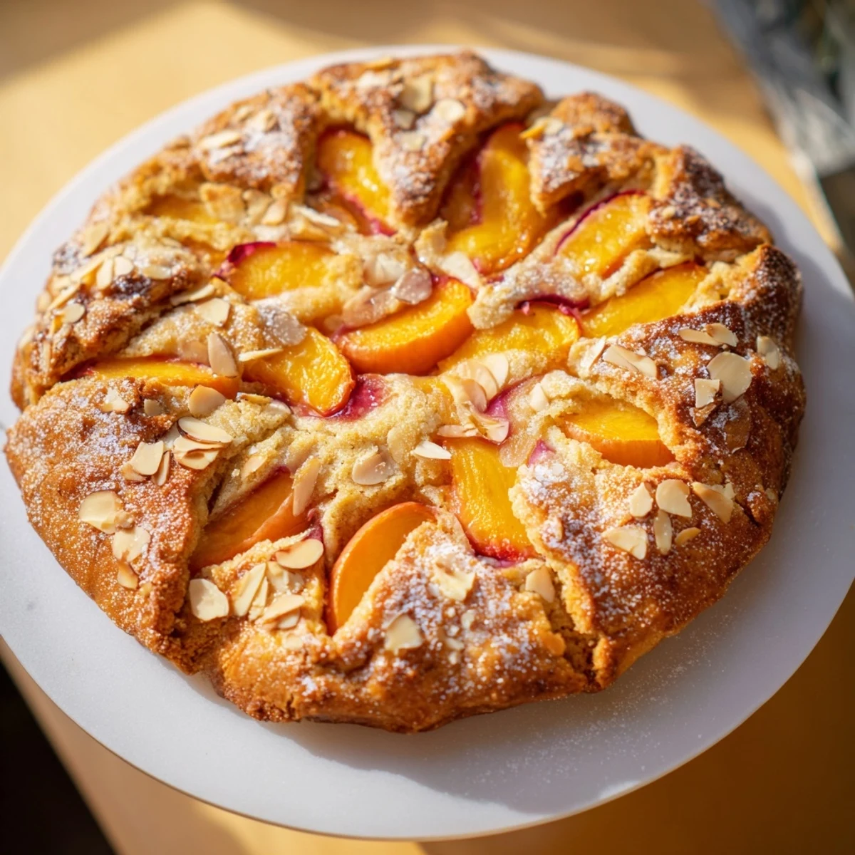 Golden crust of Rustic Peach and Almond Tart holds juicy, glistening peaches and a sweet almond filling.