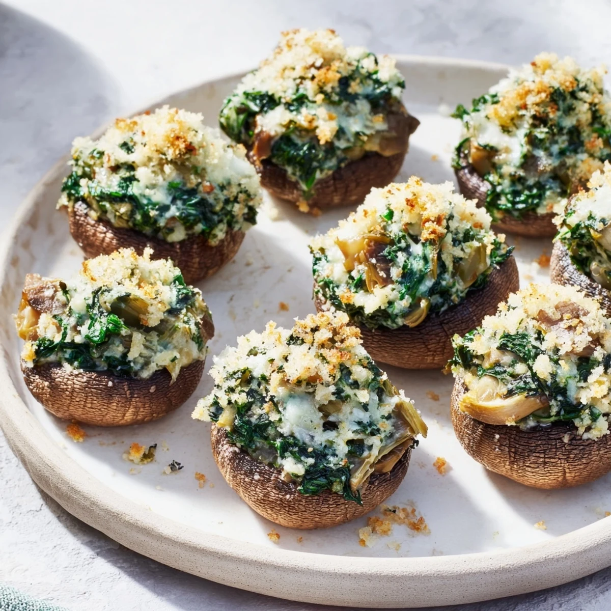 Creamy spinach artichoke stuffed mushrooms, golden-brown and bubbling, are a fantastic party appetizer.