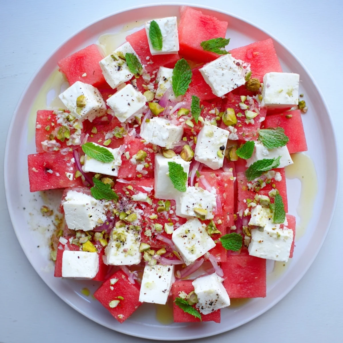 Fresh watermelon and feta salad glistening with balsamic glaze, a summer delight bursting with flavor.
