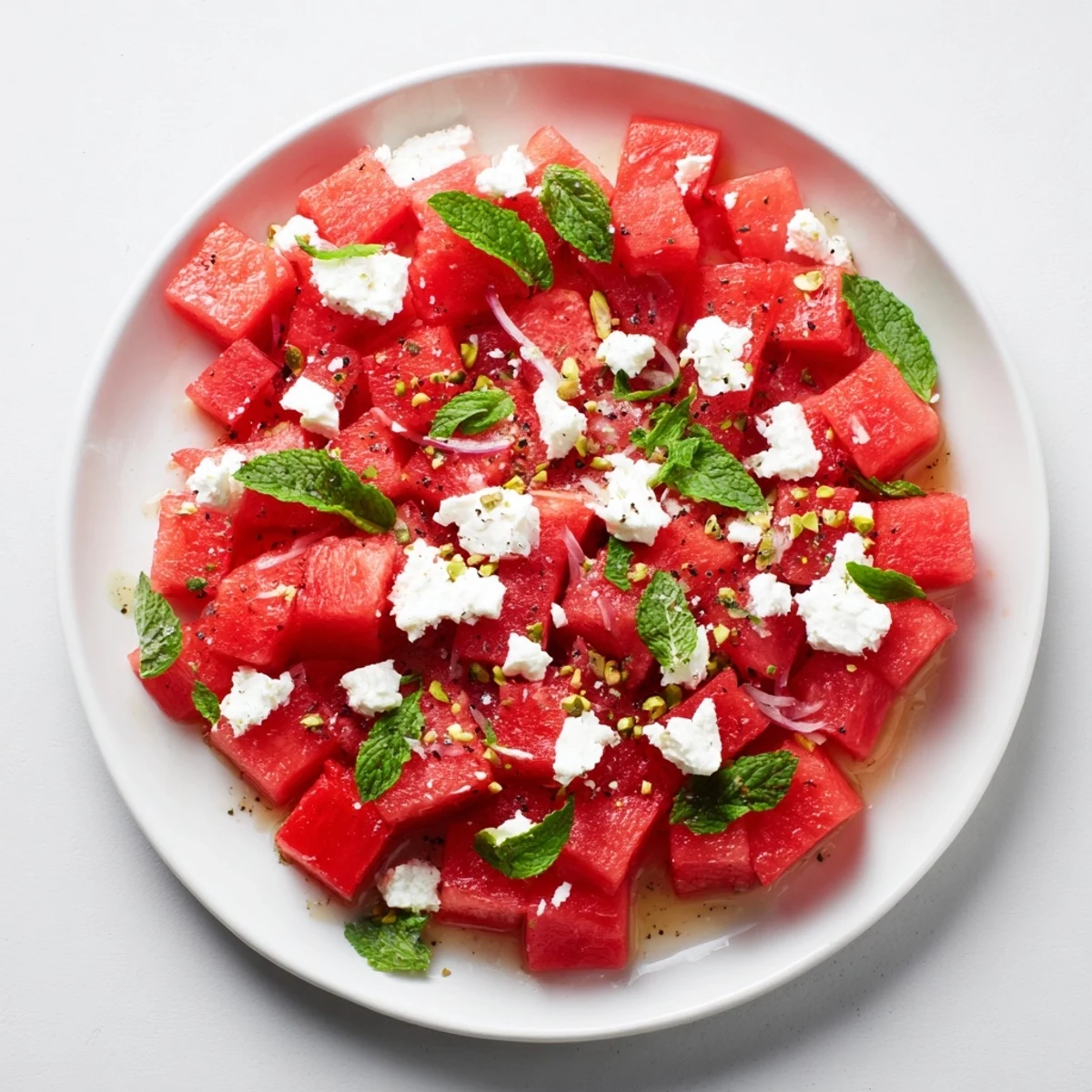 Juicy watermelon cubes mingle with salty feta in this beautiful fresh Watermelon and Feta Salad.