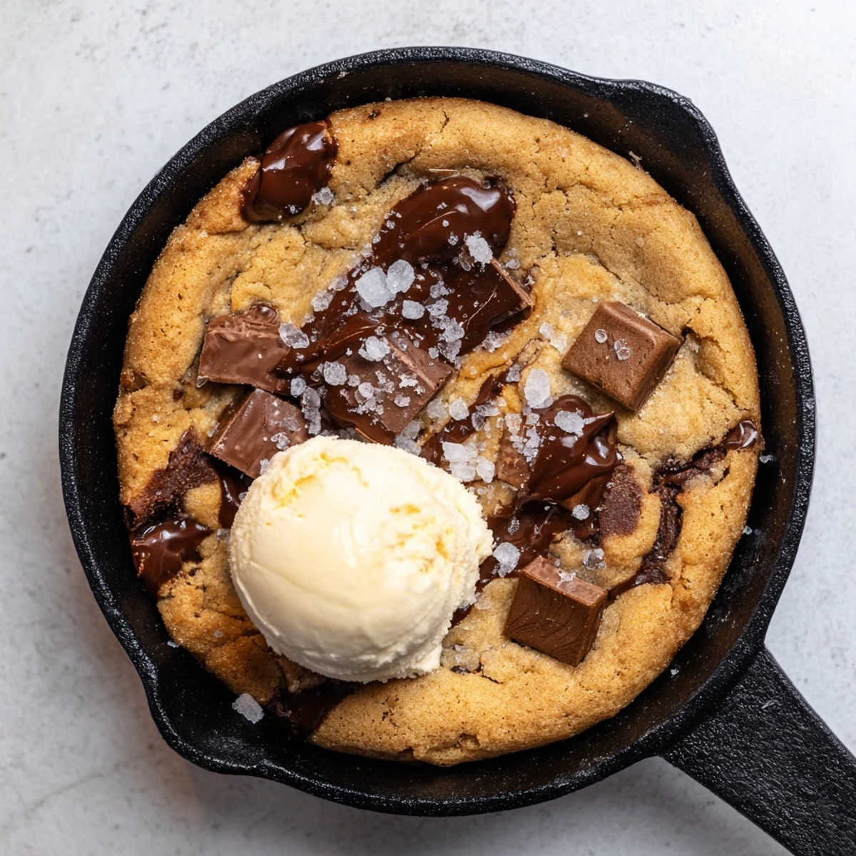 Gooey warm chocolate chunk skillet cookie with melty chocolate, perfect for dessert.