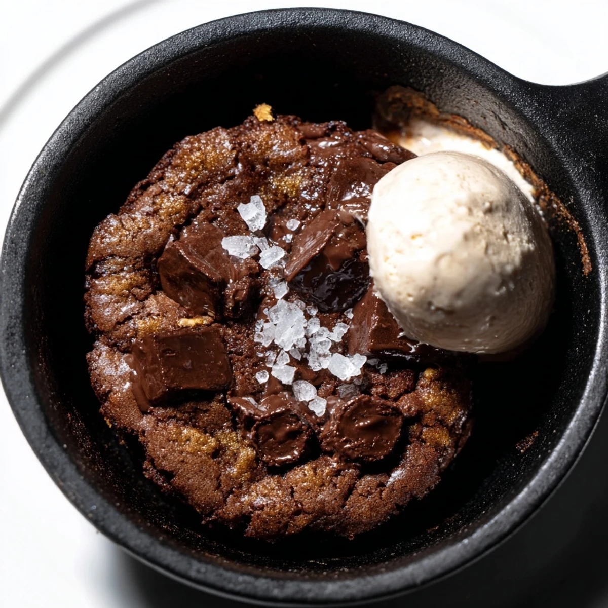 A warm, baked chocolate chunk skillet cookie, garnished with sea salt and ready to serve.