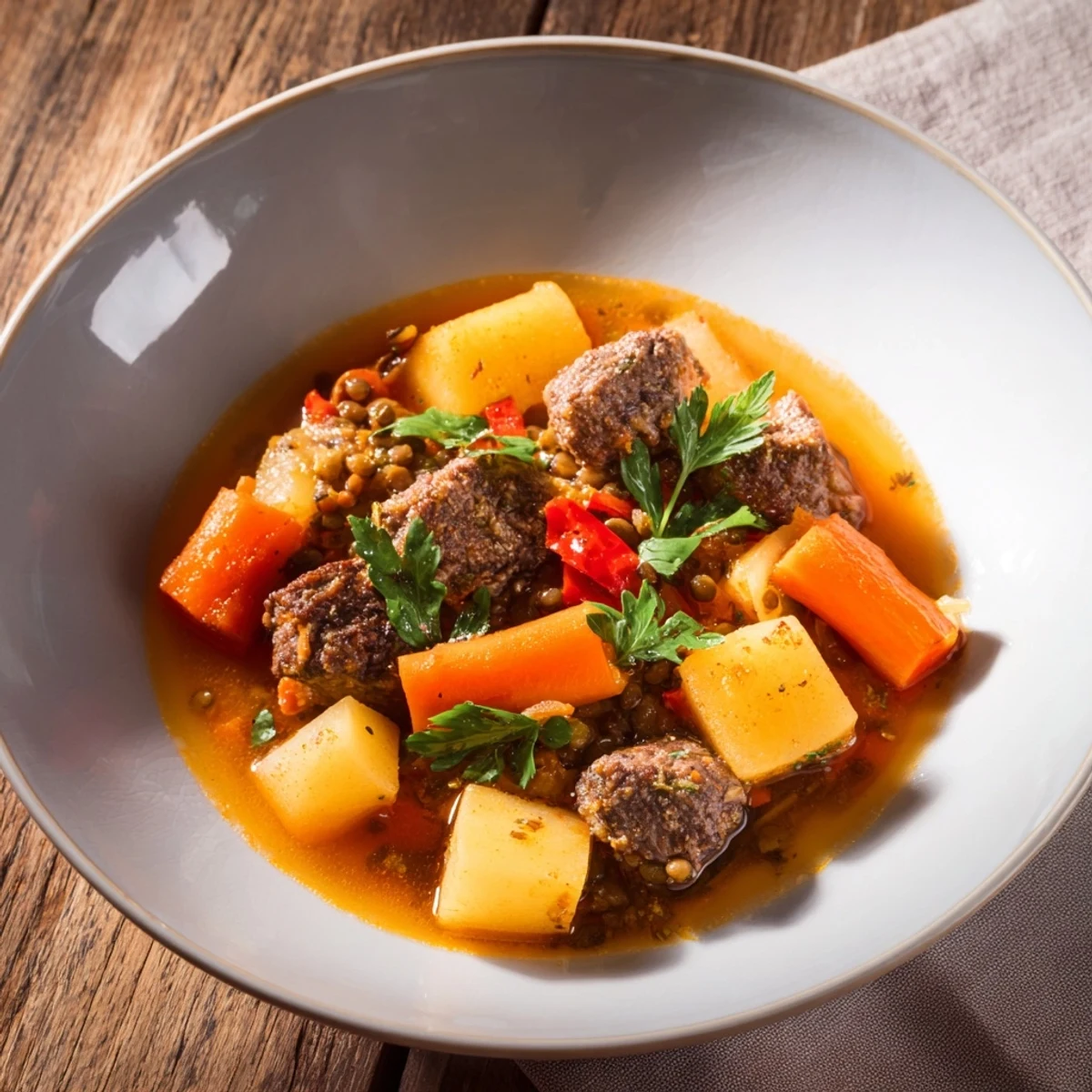 Steaming One-Pot Spicy Beef and Lentil Soup, a comforting meal with browned beef and fragrant spices.