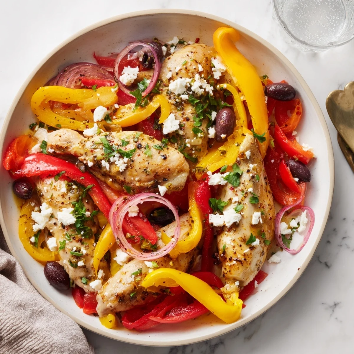 Tender Easy Sheet Pan Greek Chicken alongside vibrant roasted bell peppers and tomatoes, topped with feta.