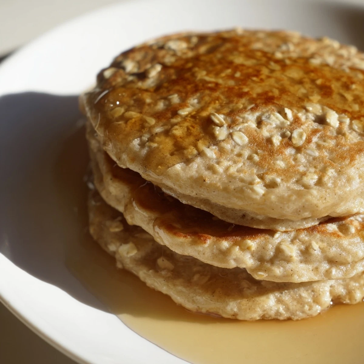 Golden, stacked banana oat pancakes, drizzled with maple syrup, ready to enjoy for breakfast!