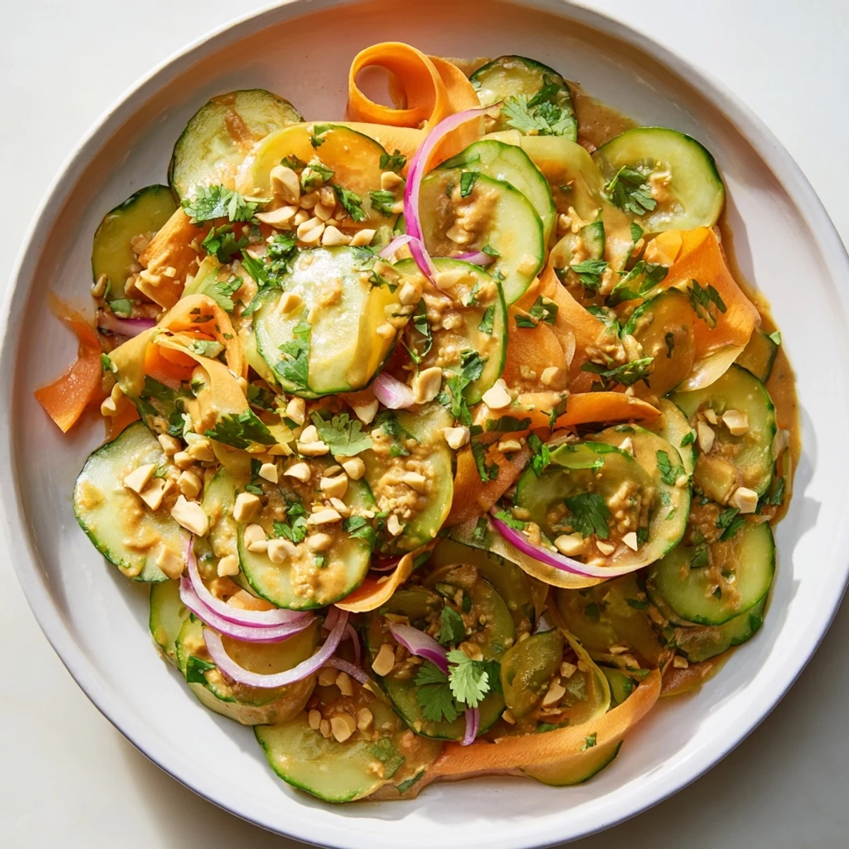 A bowl of bright Thai-Style Peanut Cucumber Salad, featuring peanuts and sesame seeds, perfect for serving.