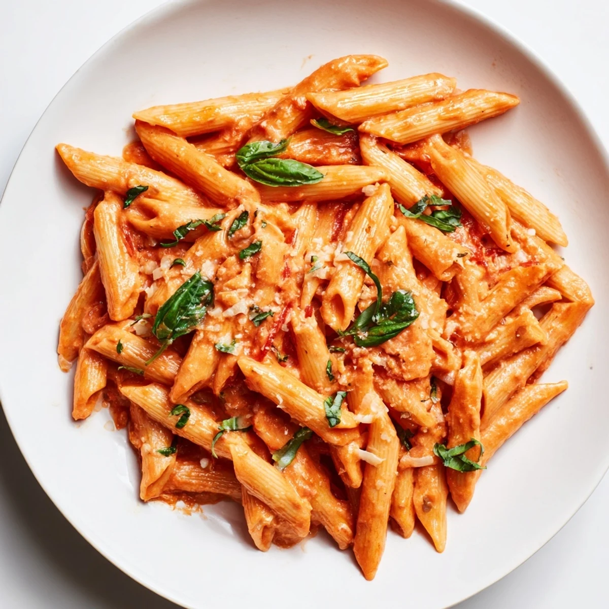 Close-up of Basil Garlic One-Pot Creamy Tomato Pasta, rich and saucy, ready to serve and enjoy.