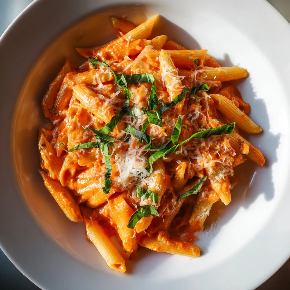Steaming bowl of Basil Garlic One-Pot Creamy Tomato Pasta, garnished with fresh basil, smells divine and tastes delicious.