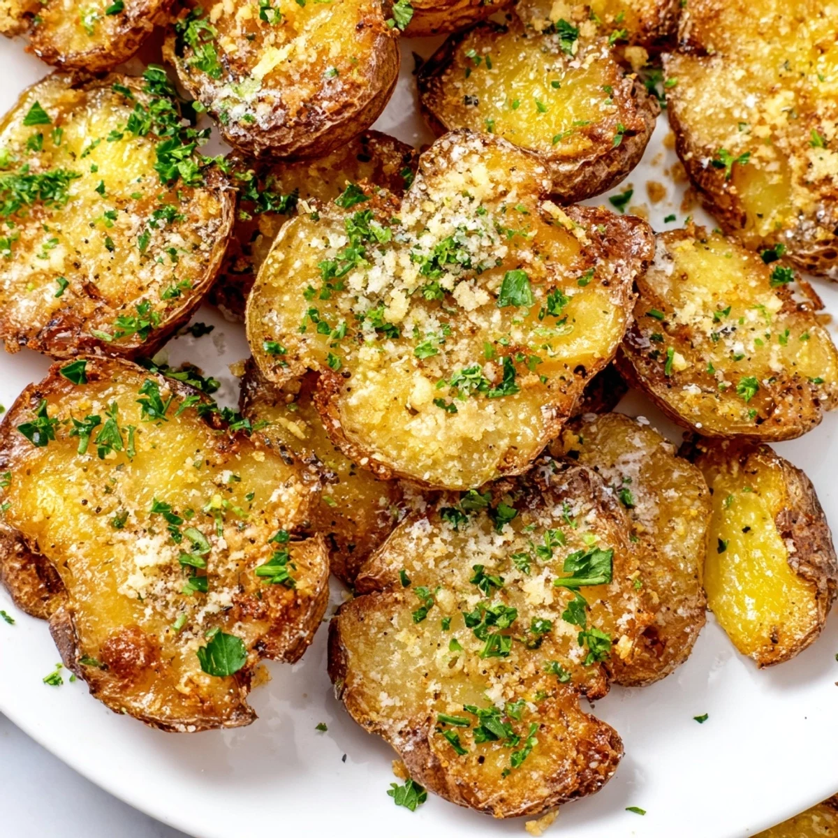 Golden and crispy Parmesan smashed potatoes, showcasing a delicious garlic-herb flavor, perfect side dish.