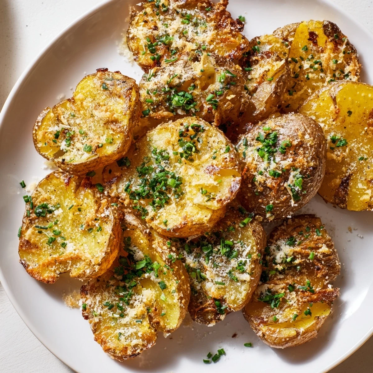 Savory Parmesan smashed potatoes with herbs offer a delightful aroma; imagine the satisfying crunch!