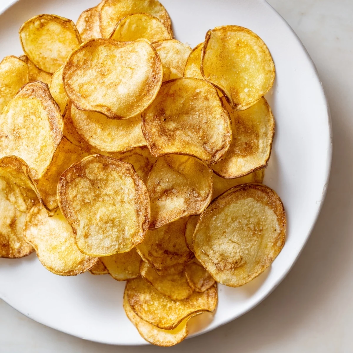 A close-up of delicious Homemade Air-Fryer Potato Chips, showing their enticing golden color and salty seasoning.