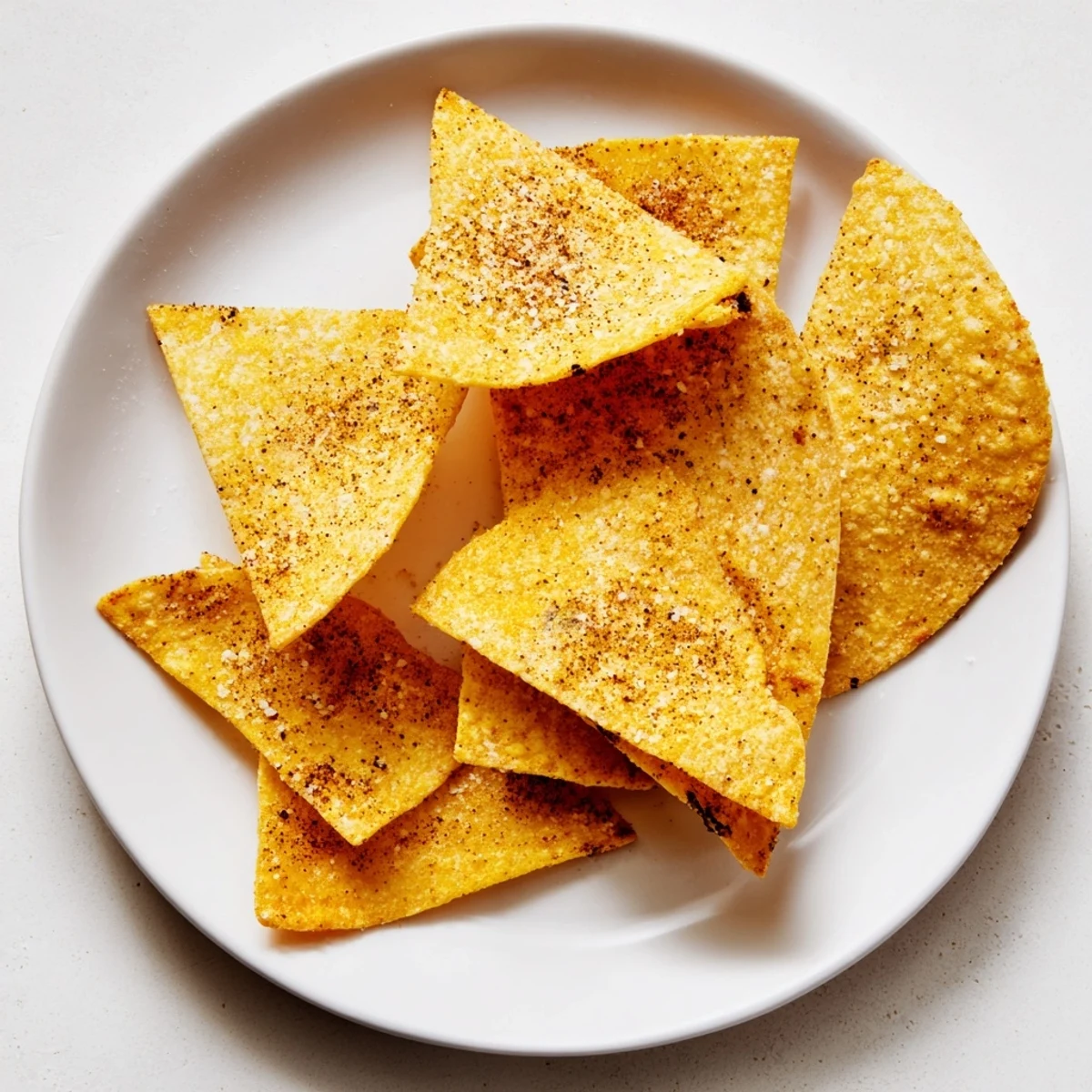 Golden-brown air-fryer tortilla chips, seasoned with paprika, ready to devour with your dip.