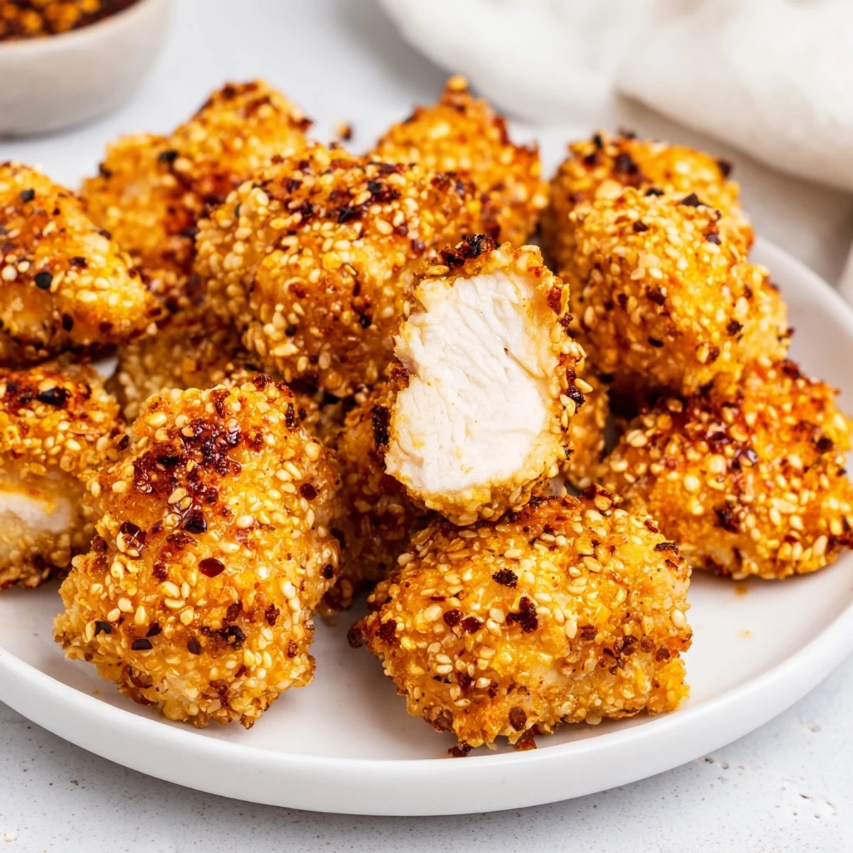 Golden, baked Spicy Yogurt Chicken Bites with a crispy breadcrumb coating, ready to enjoy.