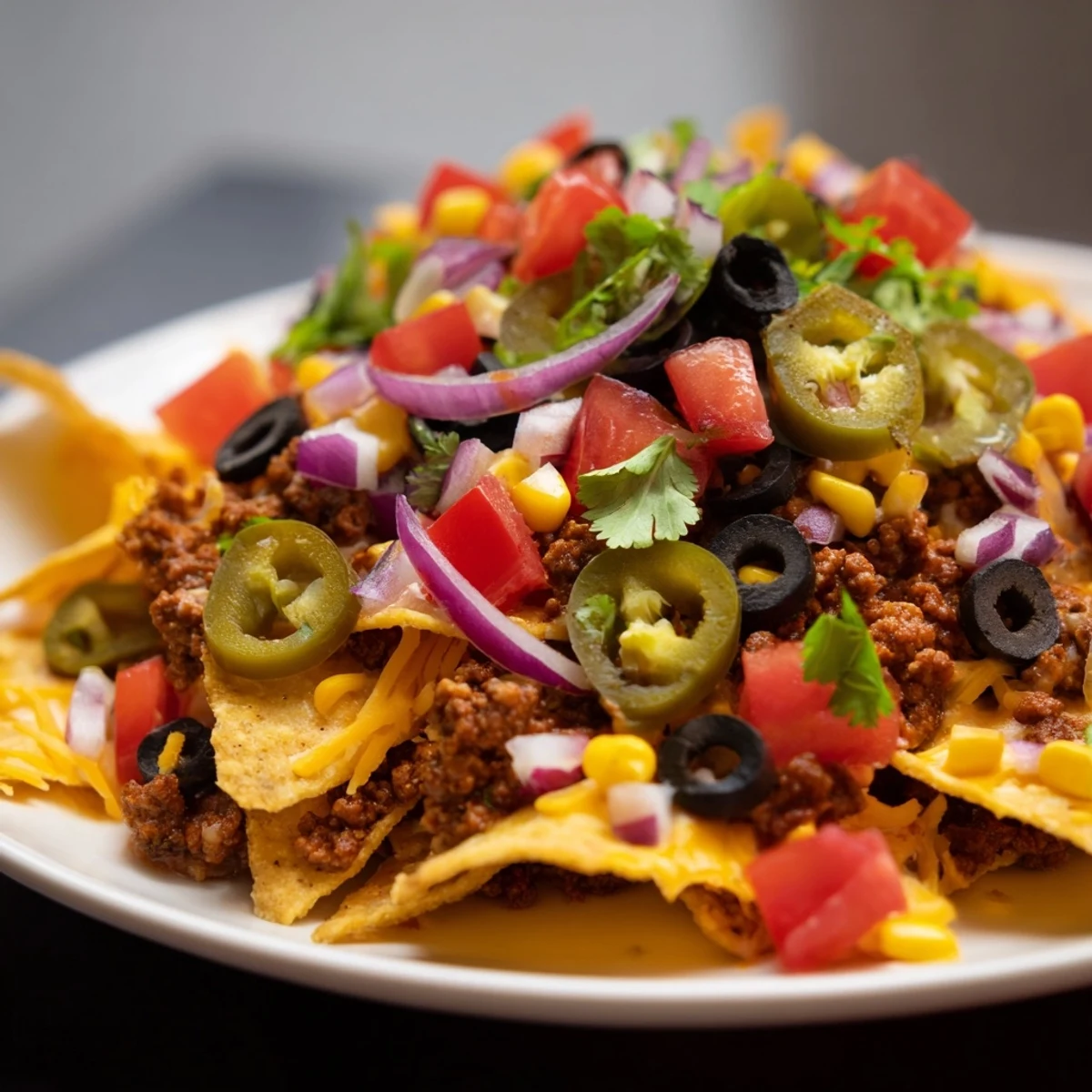 A tray of perfectly baked Easy Sheet-Pan Nachos: loaded tortilla chips with cheese, beef, and vibrant toppings.