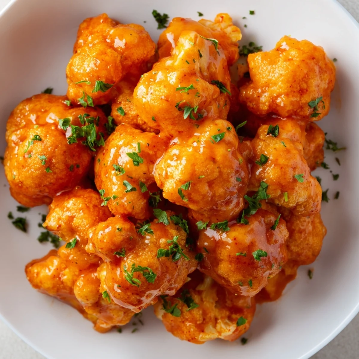 Bright orange Sriracha-Buffalo cauliflower bites, ready to eat alongside fresh veggie sticks.