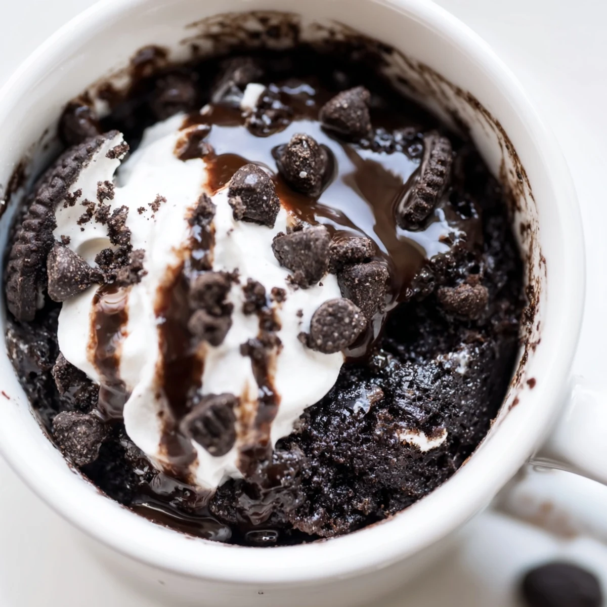 Close-up photo of a warm Oreo mug cake, topped with whipped cream, ready to enjoy.