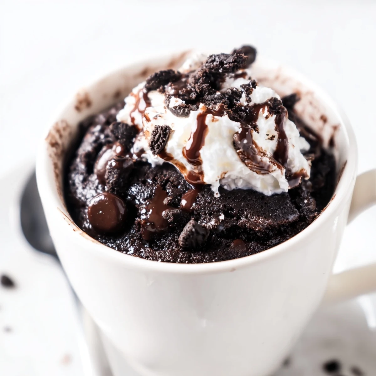 Perfectly cooked Oreo mug cake, a quick and easy single-serve dessert, fresh from the microwave.