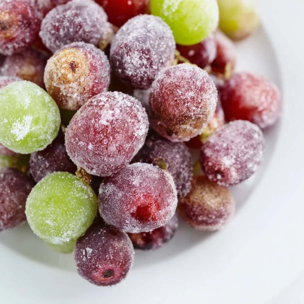 Icy, glistening frozen grapes, a refreshing snack perfect for a sunny afternoon treat.
