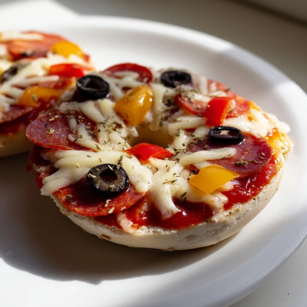 Steaming hot, golden mini bagel pizzas, air fried to perfection and topped with melted cheese.