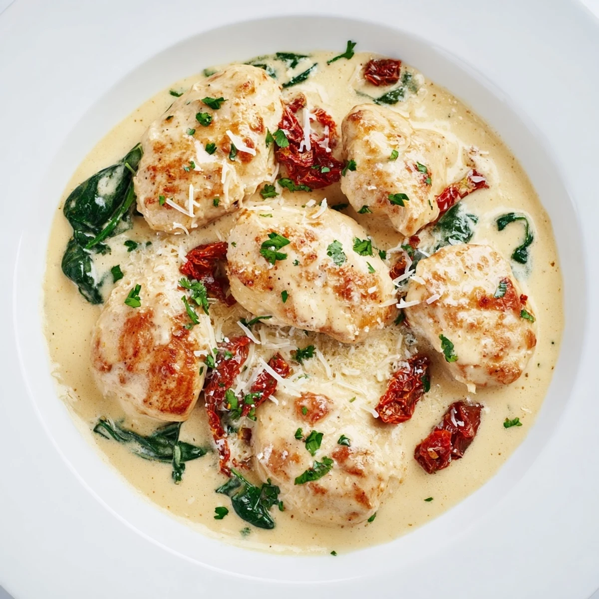 Creamy Tuscan Chicken simmering in a skillet, rich cream sauce visible with sun-dried tomatoes and spinach.