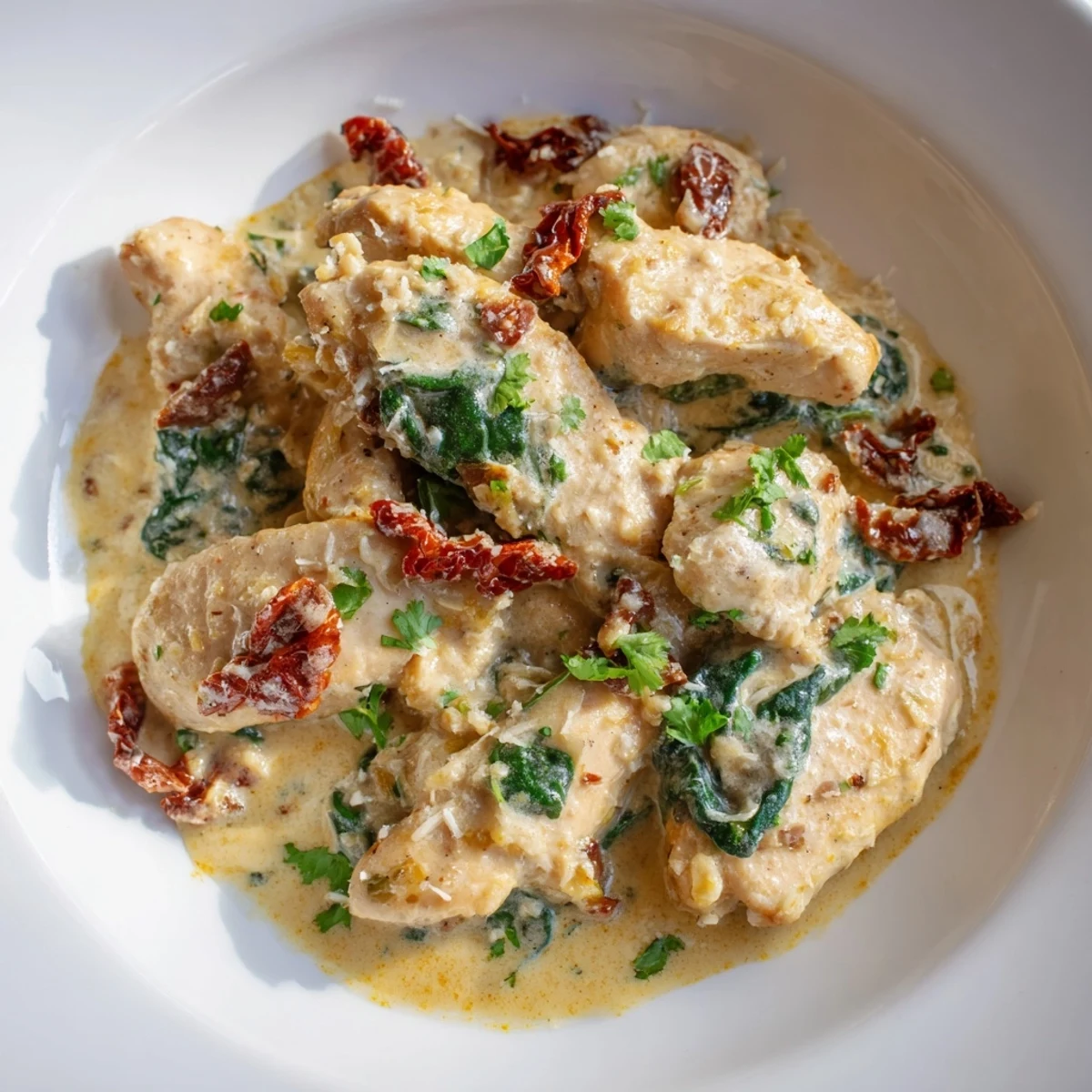 A close-up of finished Creamy Tuscan Chicken, garnished with parsley, ready to enjoy with a side.