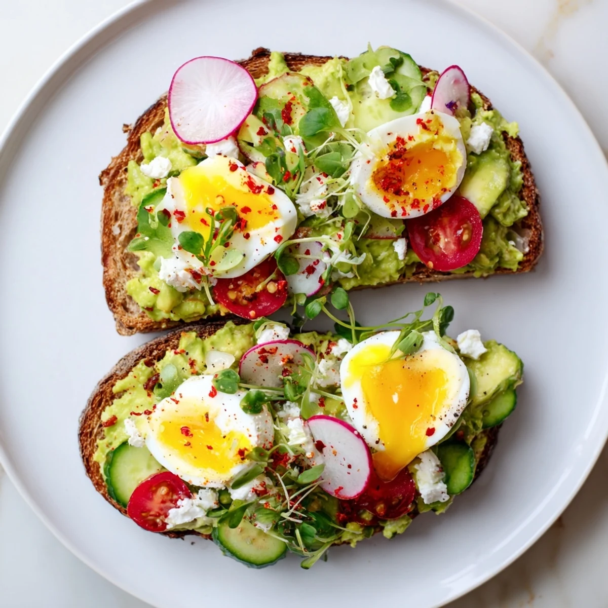 Bright and colorful Loaded Avocado Toast featuring fresh vegetables and creamy avocado, ready to eat.
