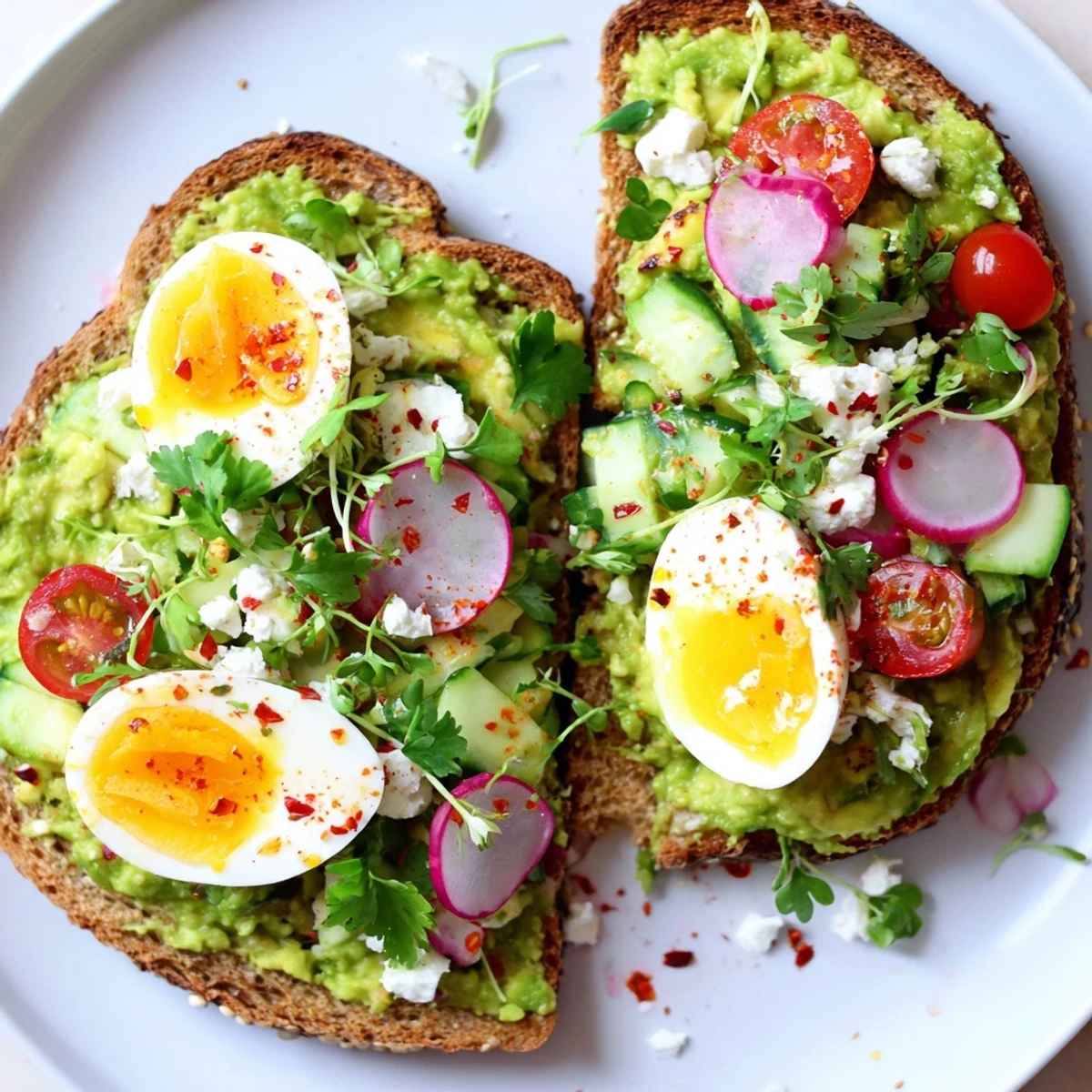 Golden toasted bread piled high with all the toppings for this flavorful Loaded Avocado Toast recipe.