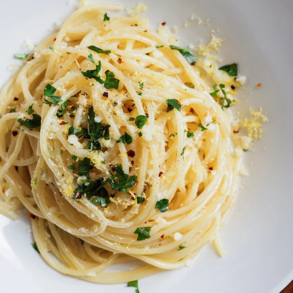 Golden garlic butter noodles, ready for serving with fresh parsley and Parmesan cheese on top.