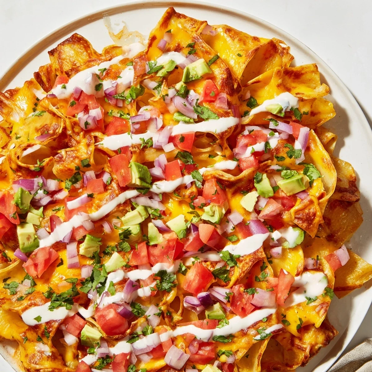 Golden pasta chips nachos, baked until crispy and loaded with melted cheese and fresh toppings.