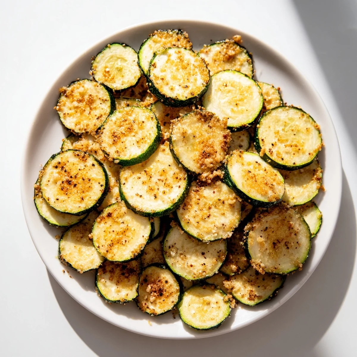 Golden, crispy zucchini chips, baked until perfectly crunchy and seasoned, ready to enjoy as a snack.