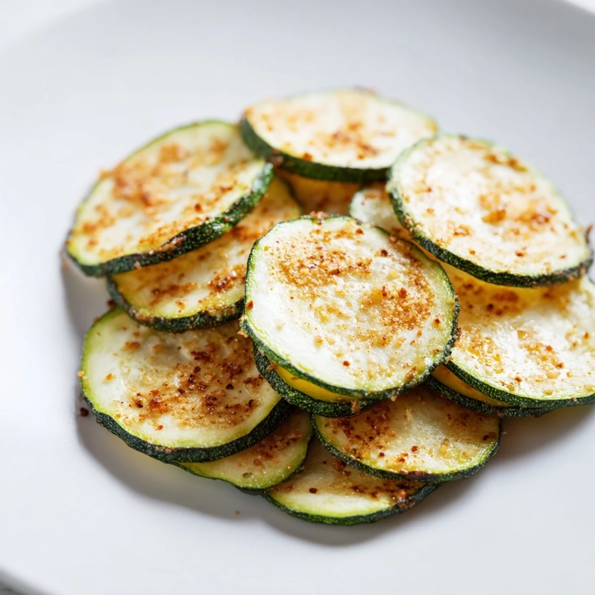 Close-up of freshly baked crispy zucchini chips, lightly seasoned and arranged on a baking sheet.