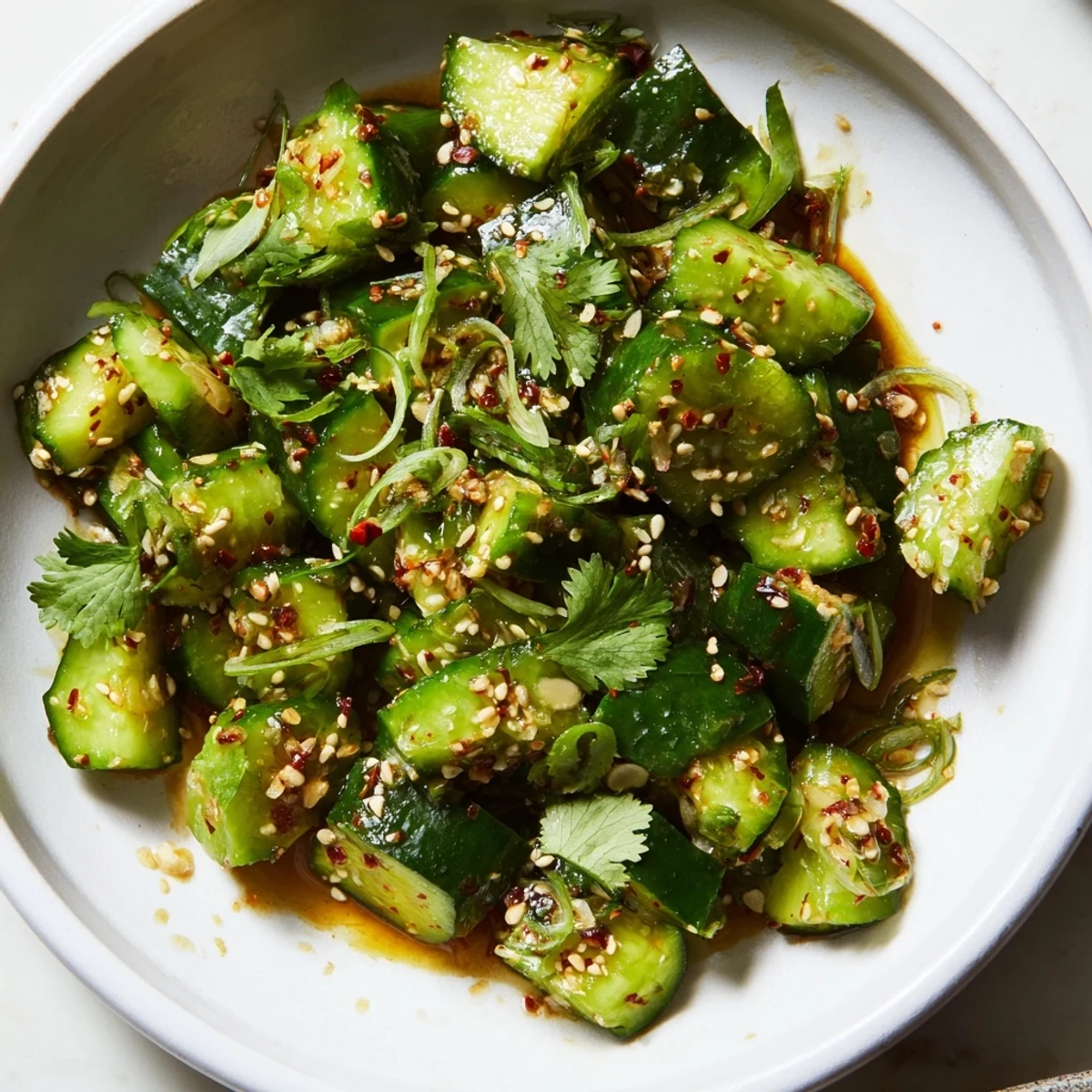 Refreshing Chinese Spicy Smashed Cucumber Salad, a vibrant mix of green cucumbers and spicy dressing.