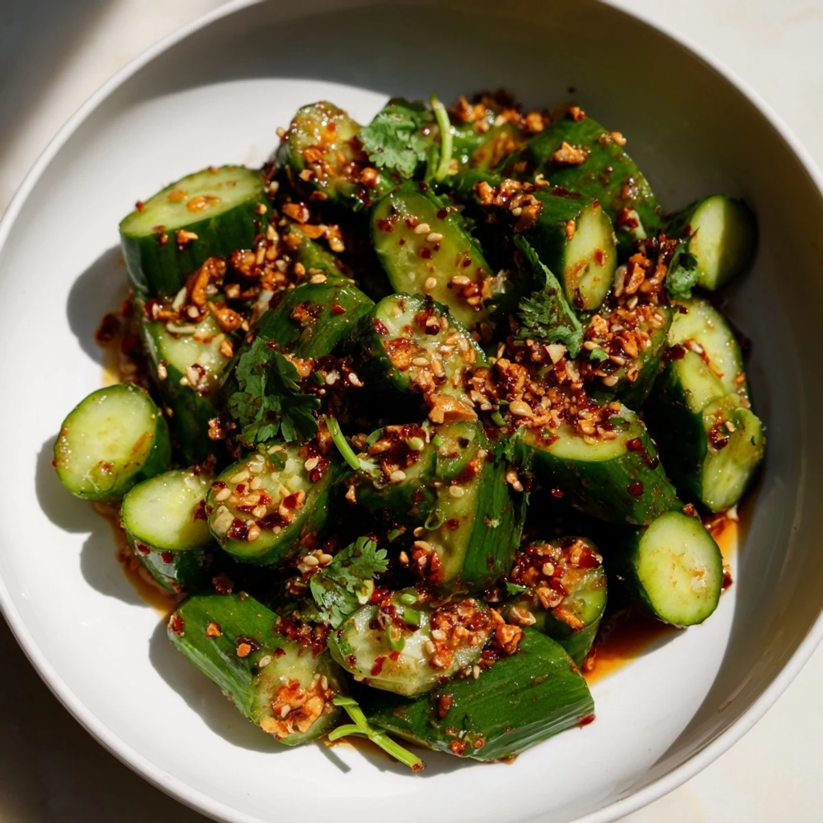 A colorful bowl of Chinese Spicy Smashed Cucumber Salad, a vegan delight with a zesty, flavorful dressing.