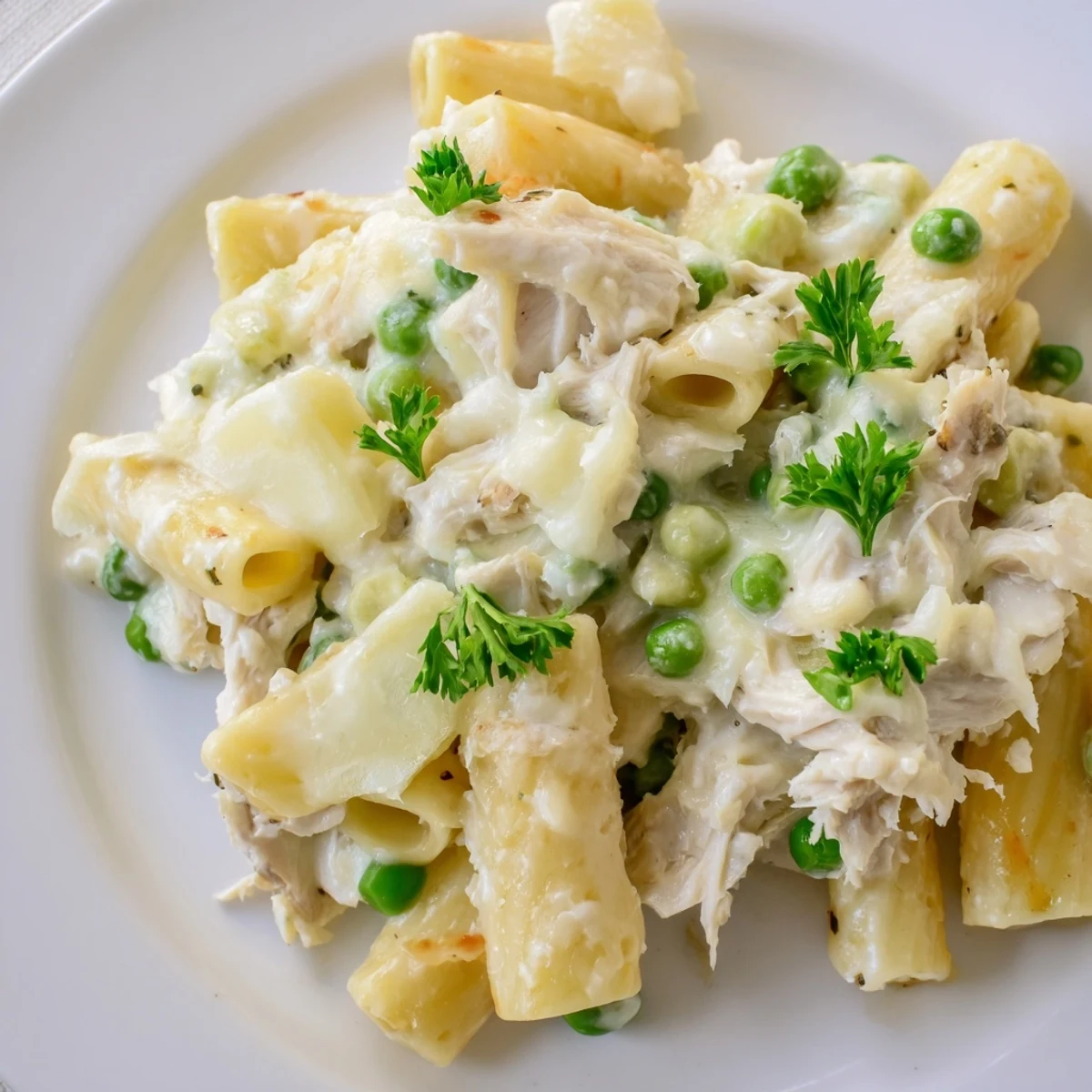 Steaming hot slow cooker Chicken Alfredo pasta bake, a comforting casserole with creamy sauce and herbs.