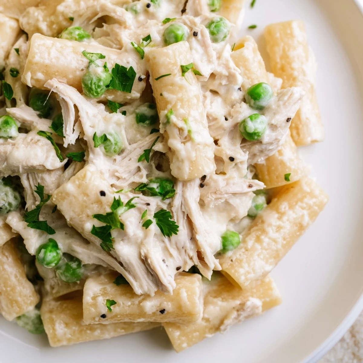Imagine the aroma! This slow cooker Chicken Alfredo pasta bake is presented with fresh parsley.