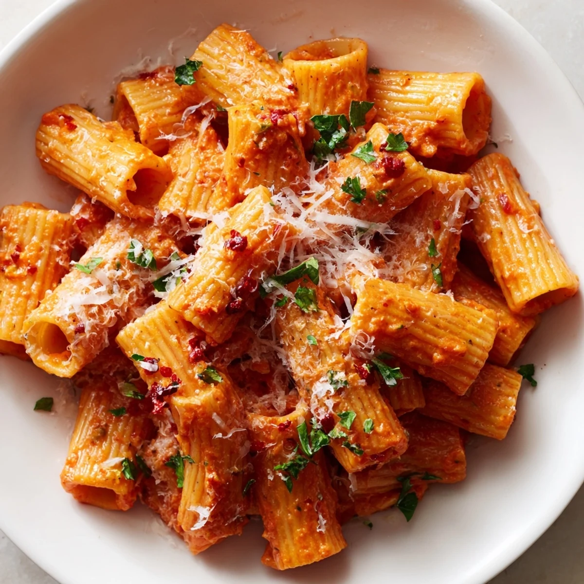 Gigi Hadid Spicy Rigatoni features perfectly al dente pasta coated in a rich, creamy tomato sauce, ready to serve.